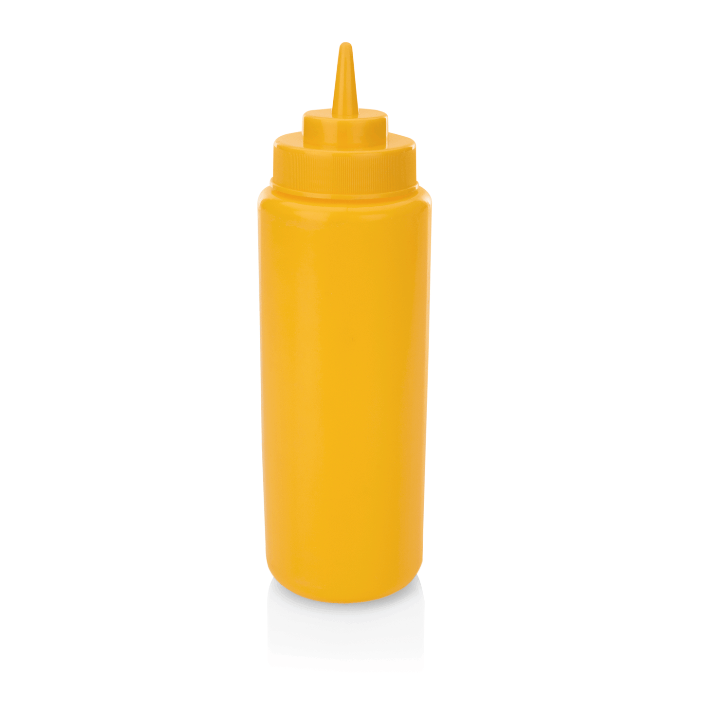 Gelbe Saucenflasche vor weißem Hintergrund.