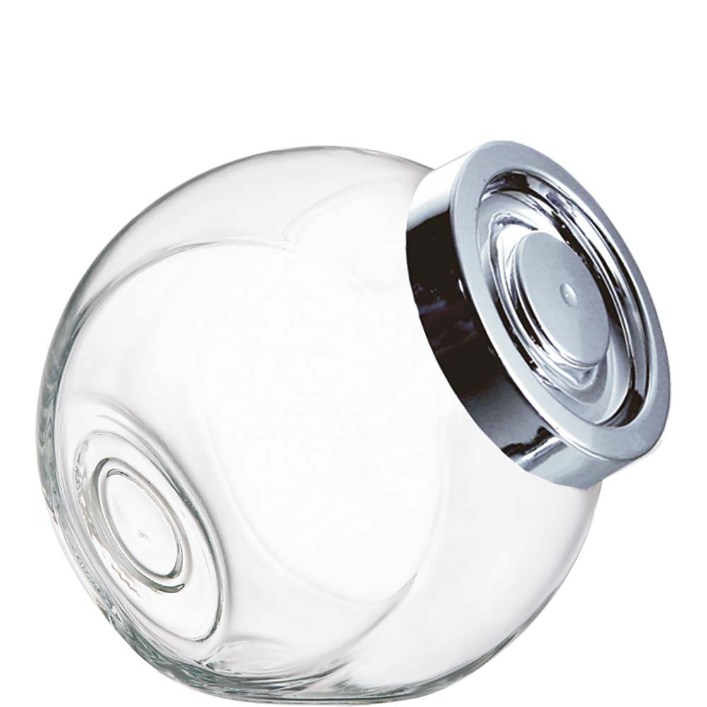 Glasbehälter mit Metallverschluss.