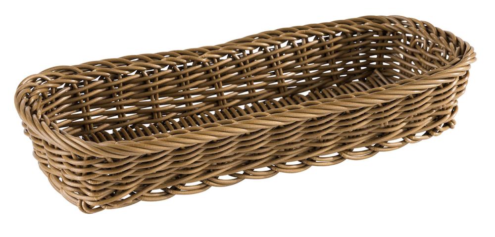 Länglicher geflochtener Brotkorb aus Kunststoff.