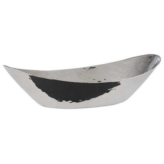 Silberne, längliche Metallschale, glänzend.