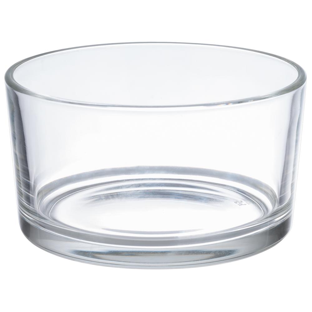 Transparente Glasschale auf weißem Hintergrund.