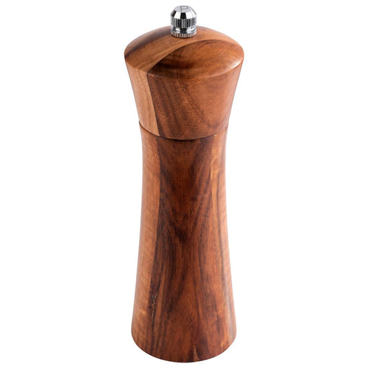 Holz-Pfeffermühle mit Metallknopf.