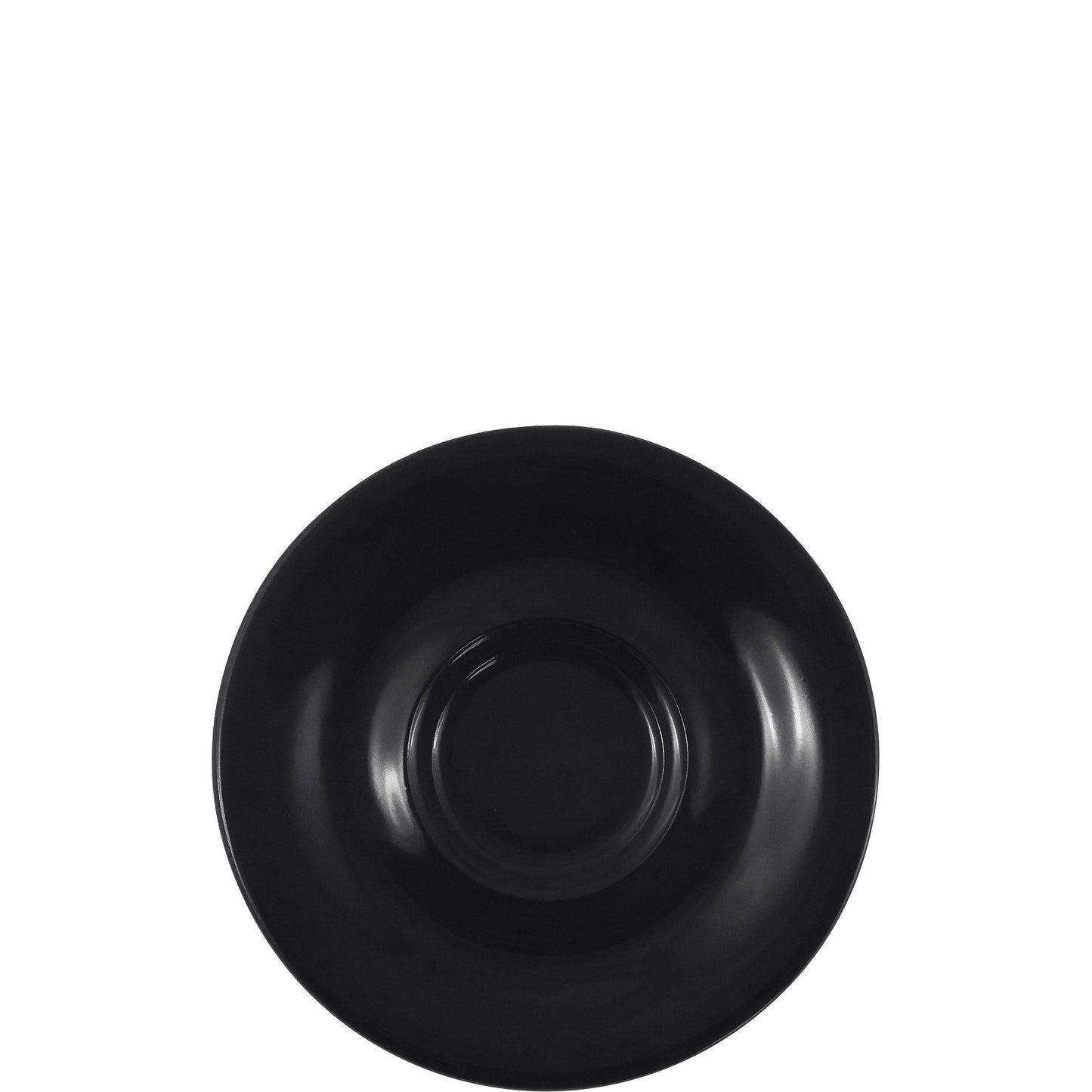 Schwarze Porzellanuntertasse, runde Form.