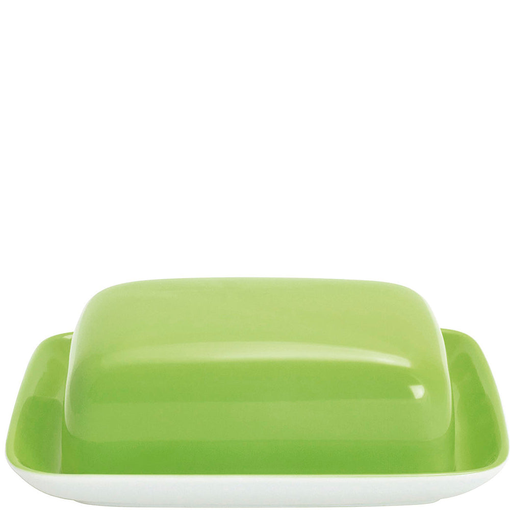 Grüne Butterdose mit Deckel.