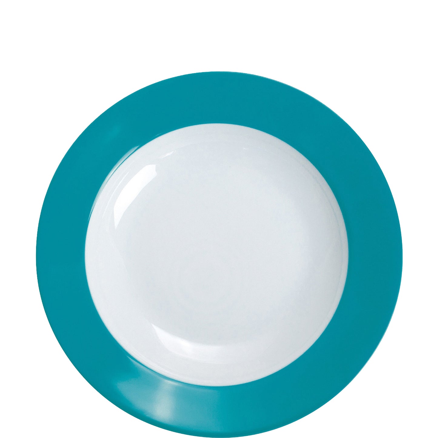 Weißer Teller mit blauem Rand.