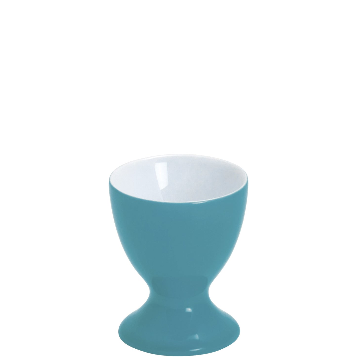 Blauer Porzellan-Eierbecher auf Weiß.