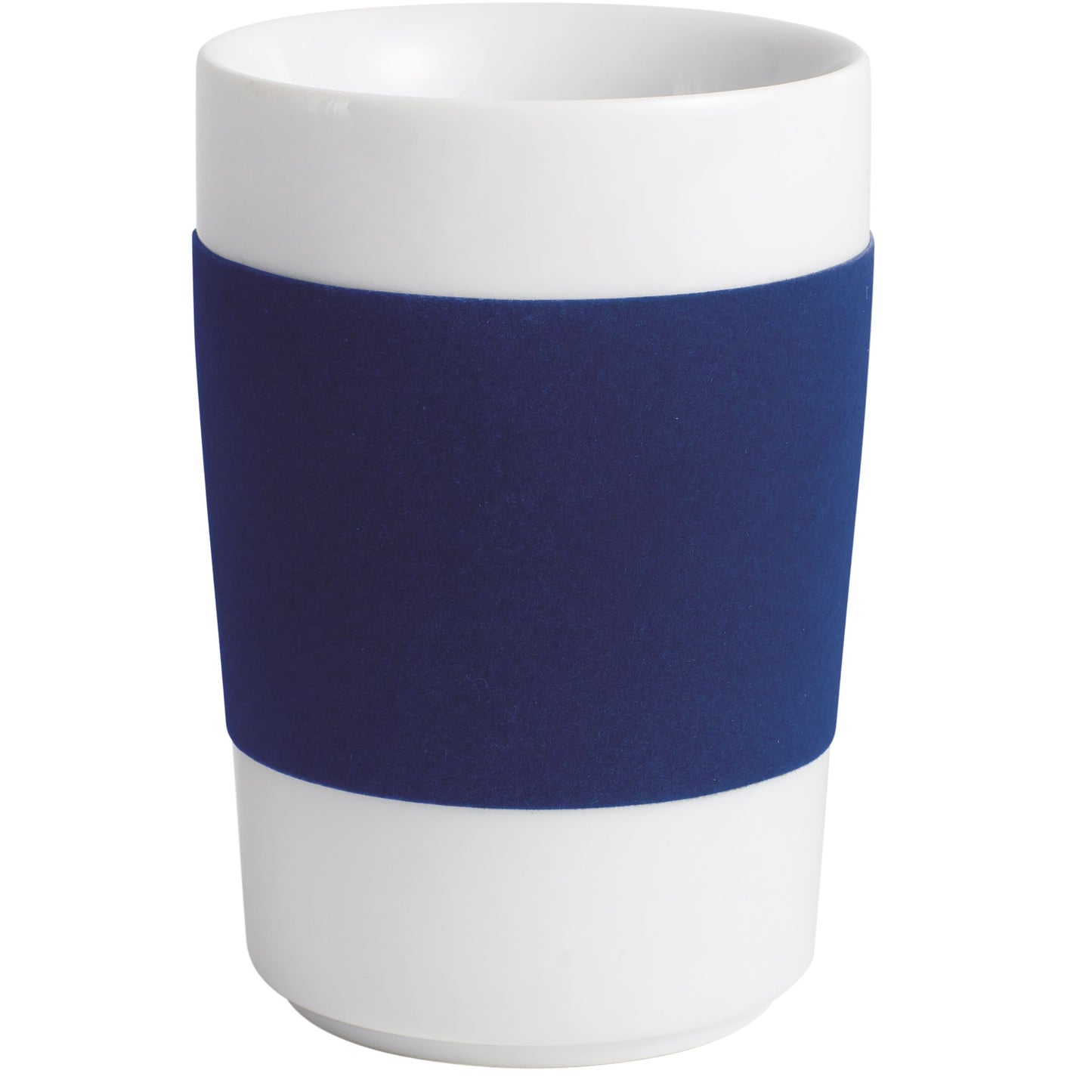 Weiße Tasse mit blauem Band.