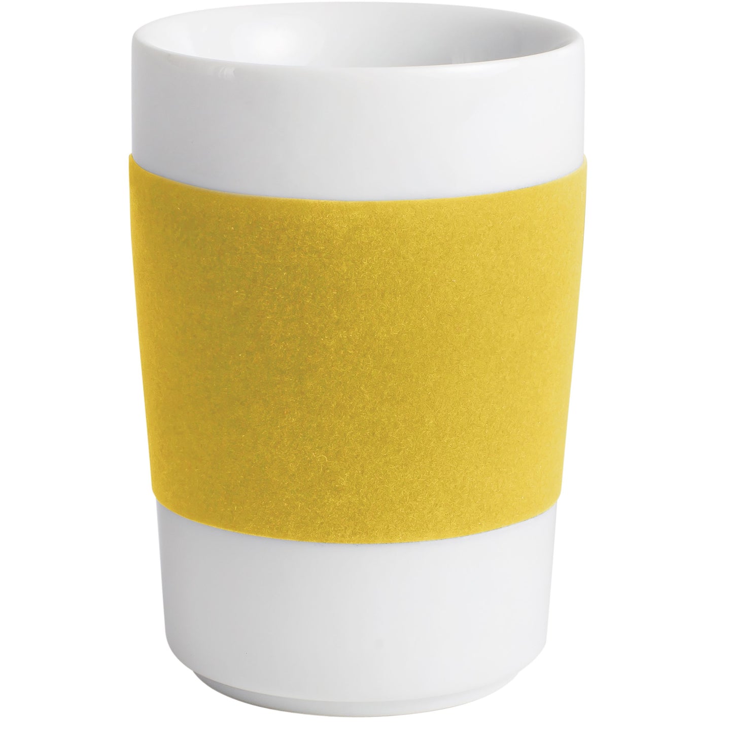 Weiße Tasse mit gelbem Band.