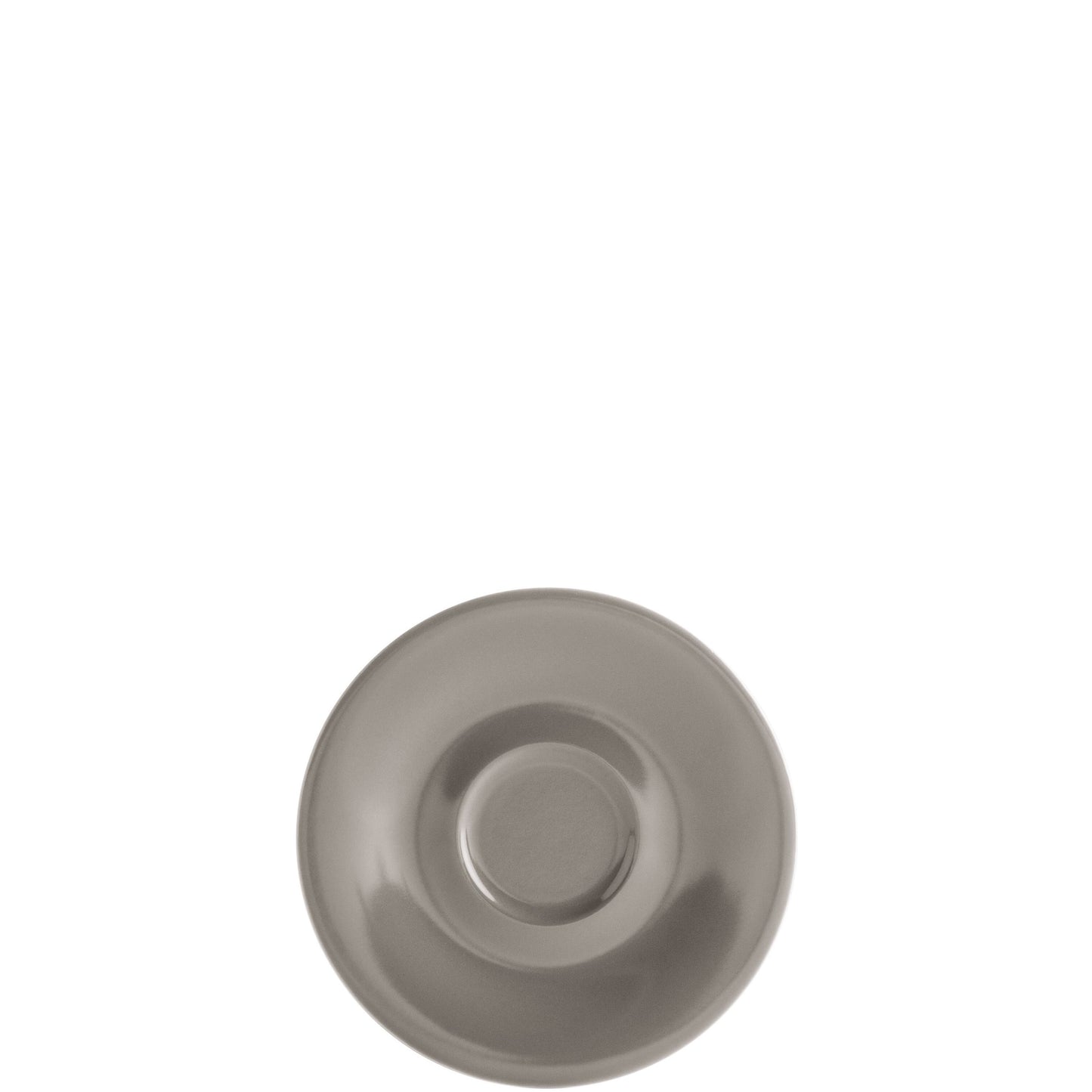 Graue Porzellanuntertasse, schlichtes Design.