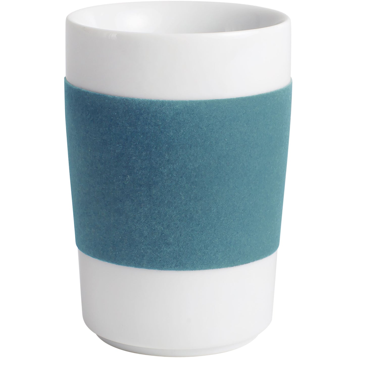 Weiße Tasse mit blauem Band.