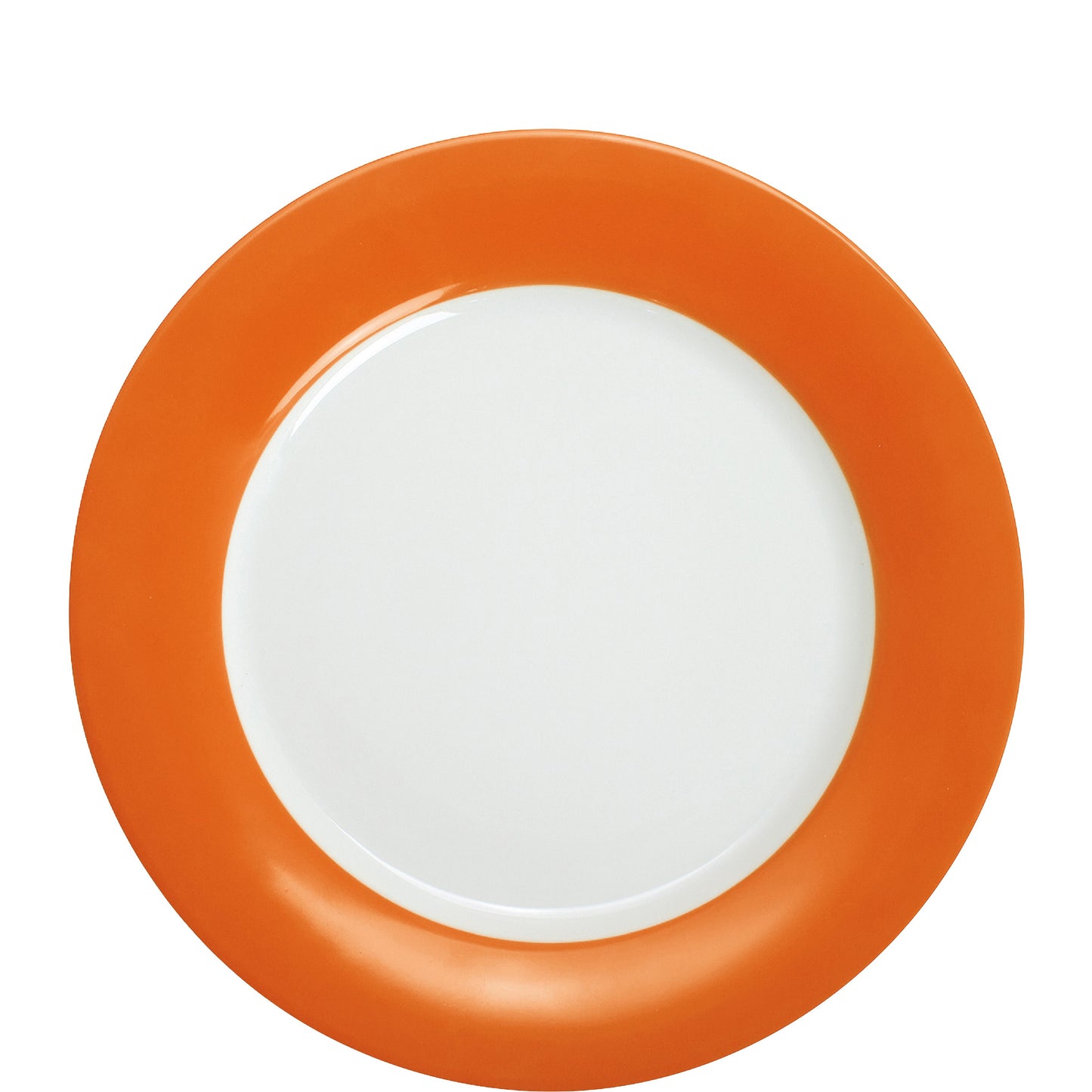 Orangerandiger weißer Porzellanteller.