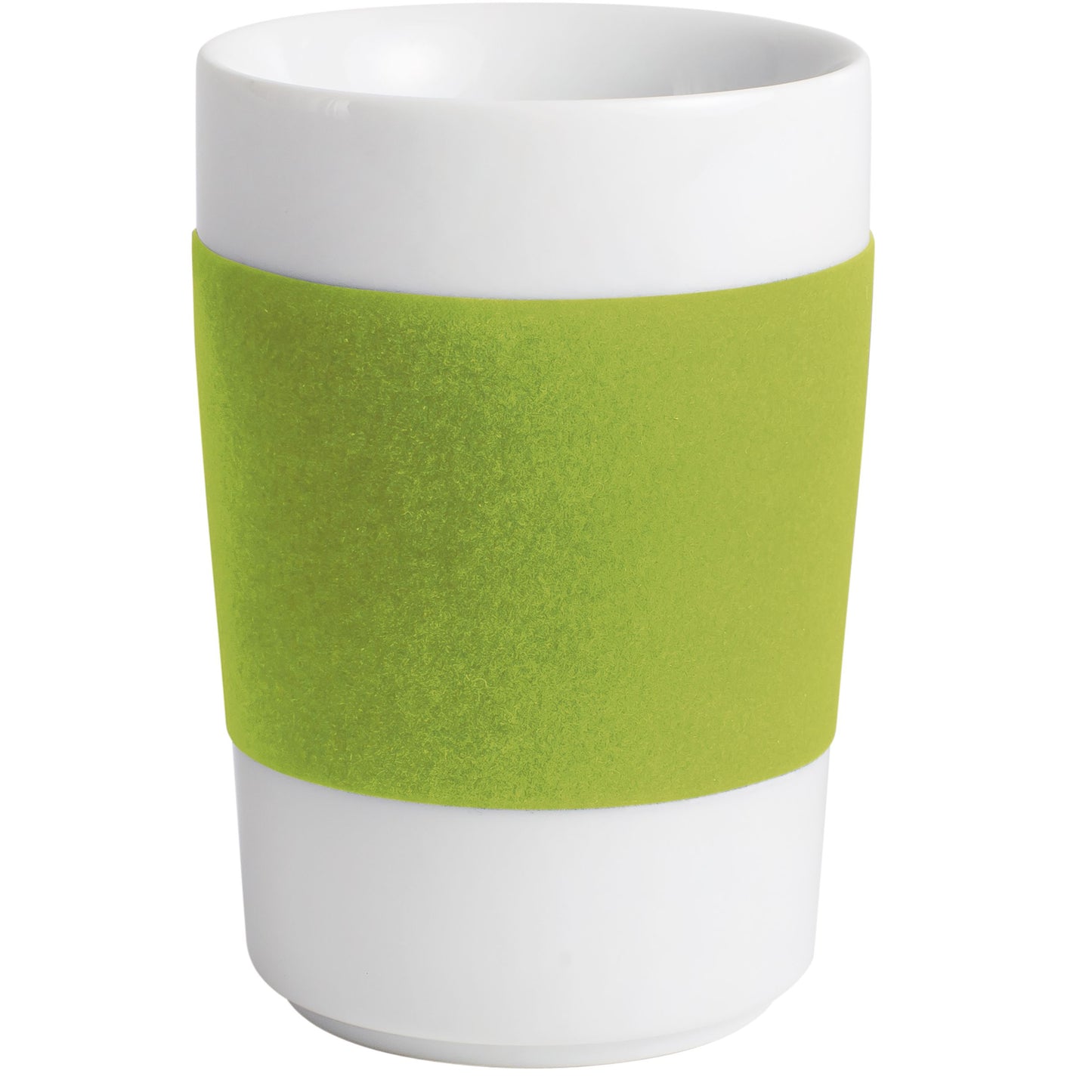Weiße Tasse mit grünem Band.