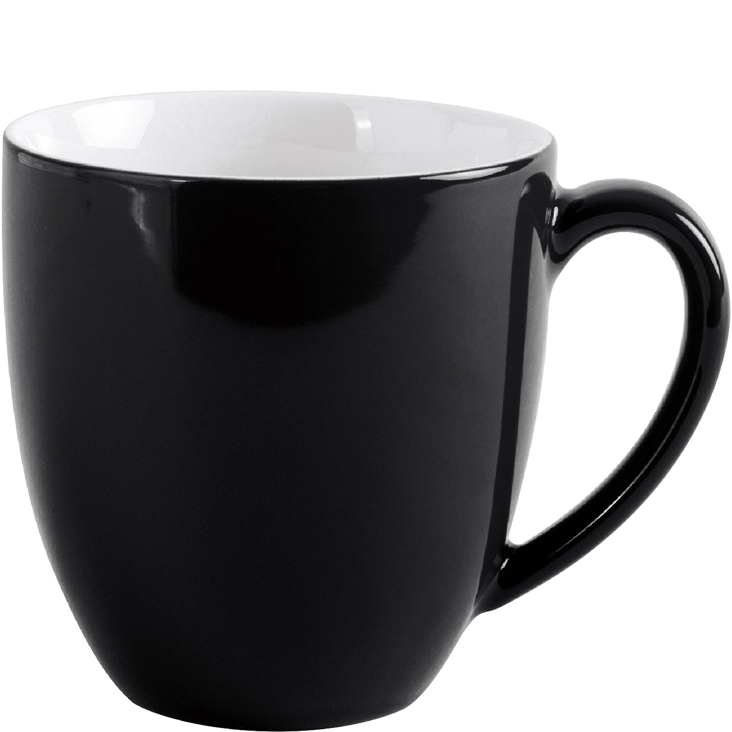 Schwarze Tasse mit Henkel.