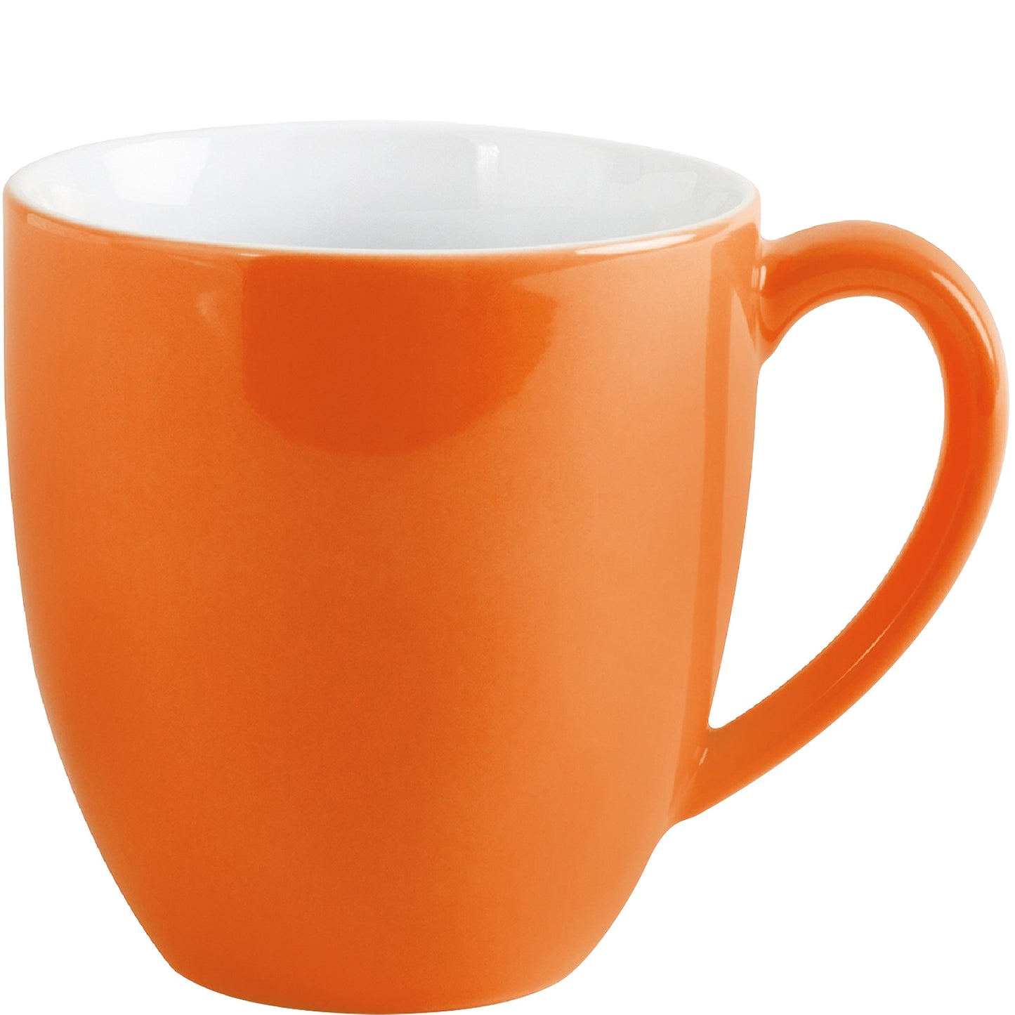 Orange Tasse mit Henkel.