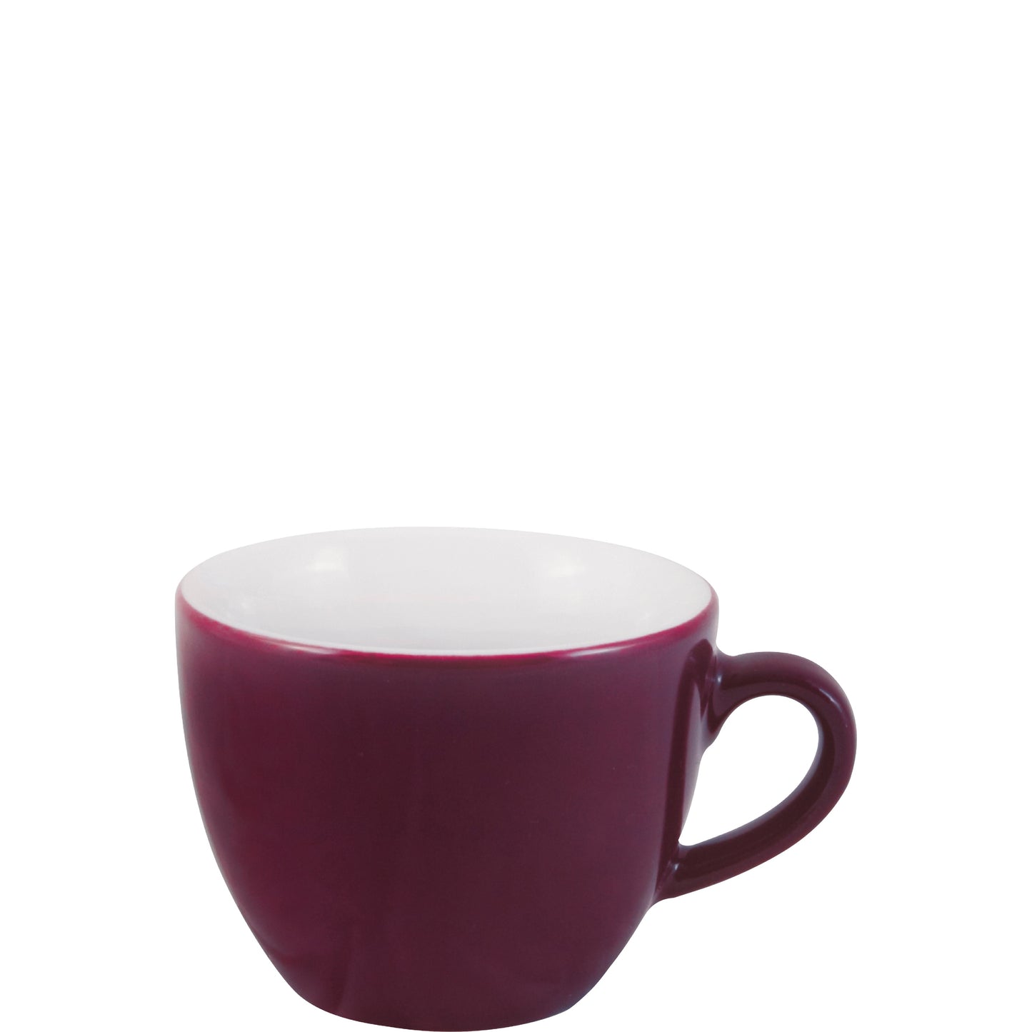 Lila Tasse mit Henkel, leer.