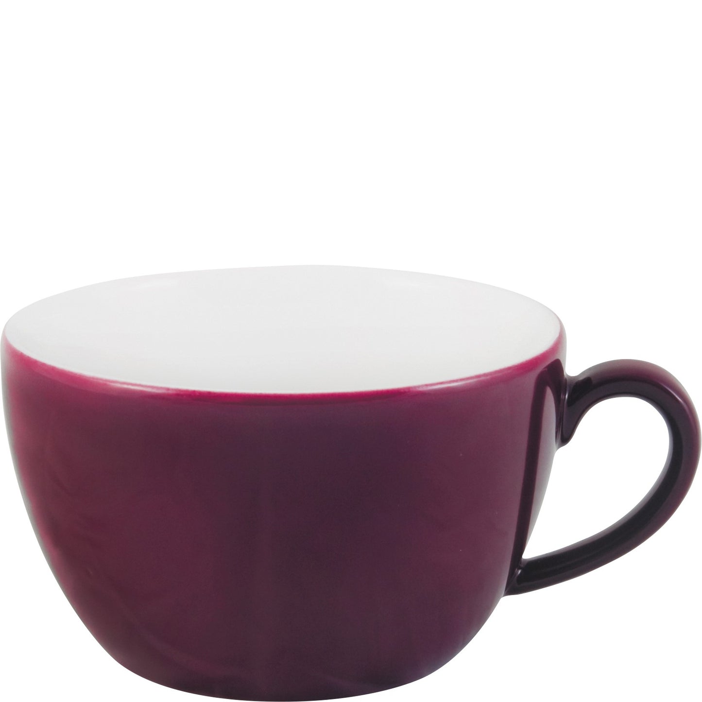 Lila-weiße Tasse mit Henkel.
