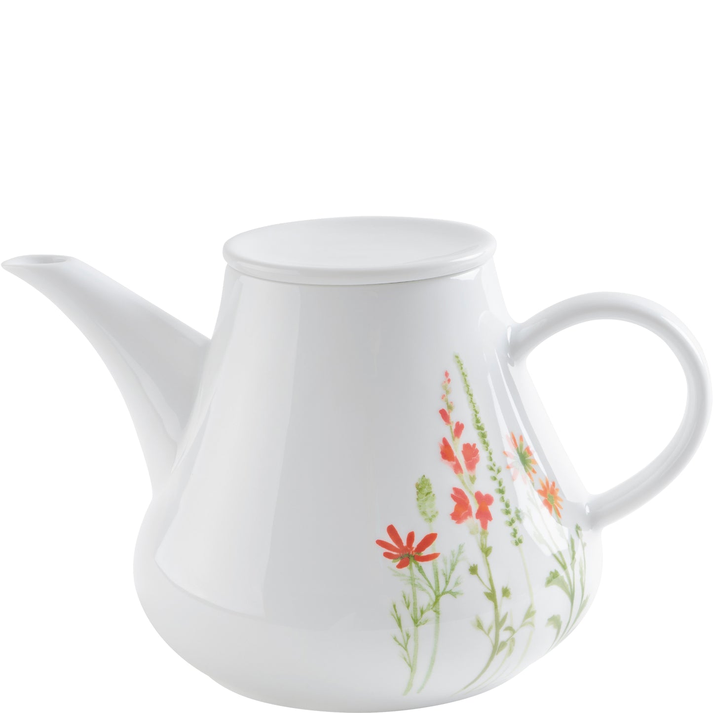 Weiße Teekanne mit Blumenmuster.