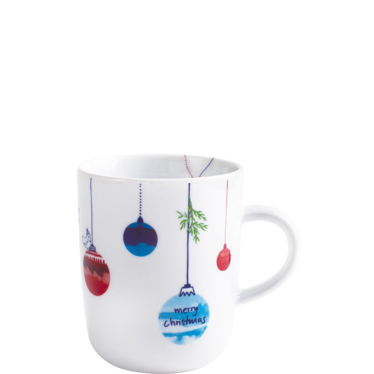 Tasse mit Weihnachtsdekorationen und Aufschrift.