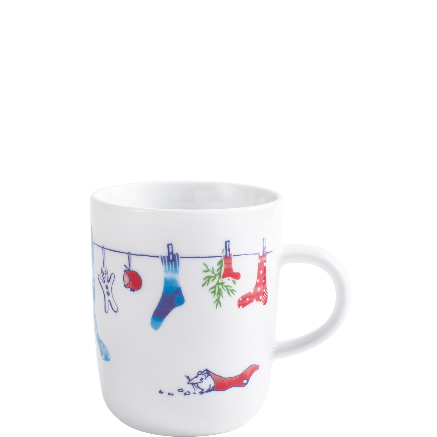 Tasse mit buntem Wäsche-Motiv.