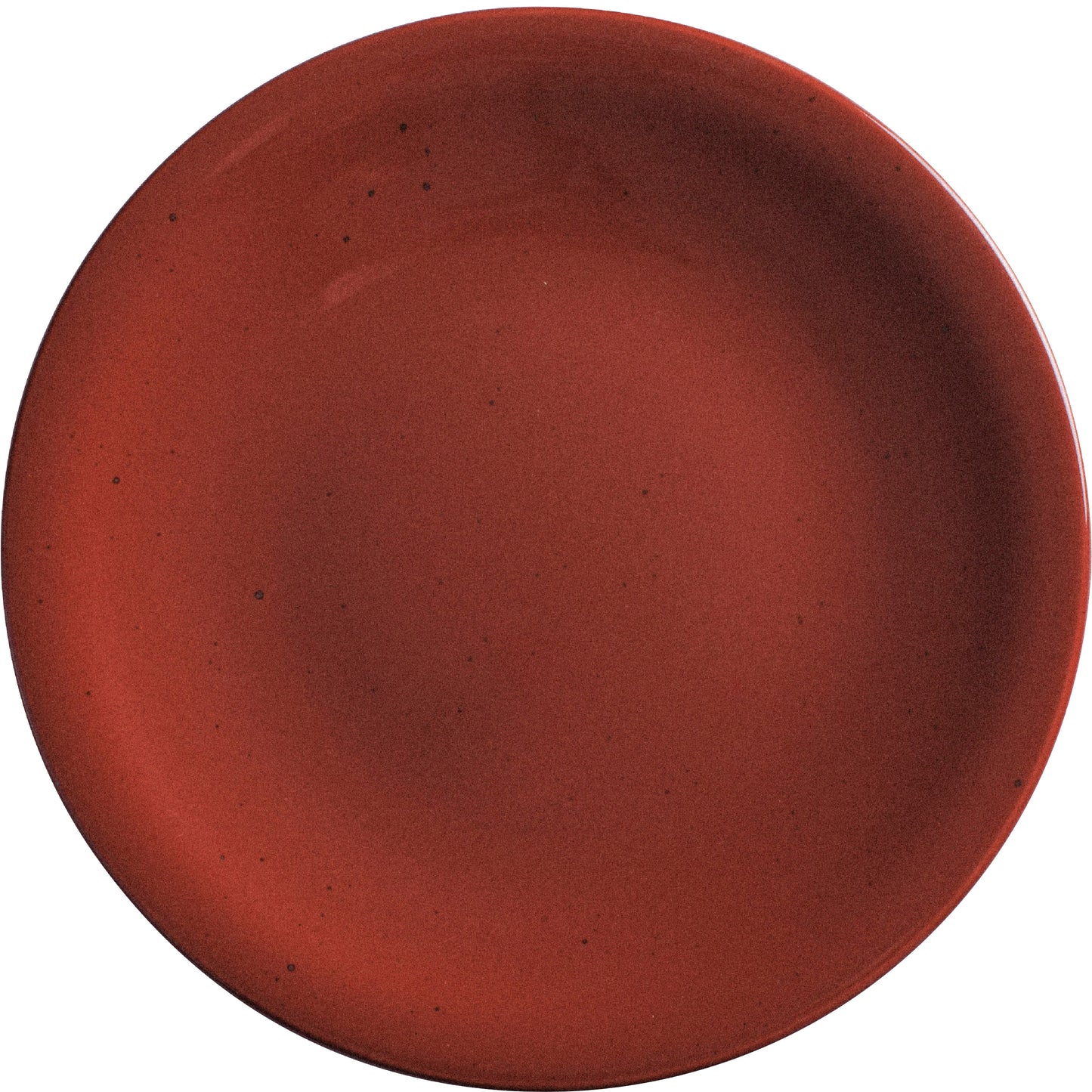 Roter, runder Porzellanteller.