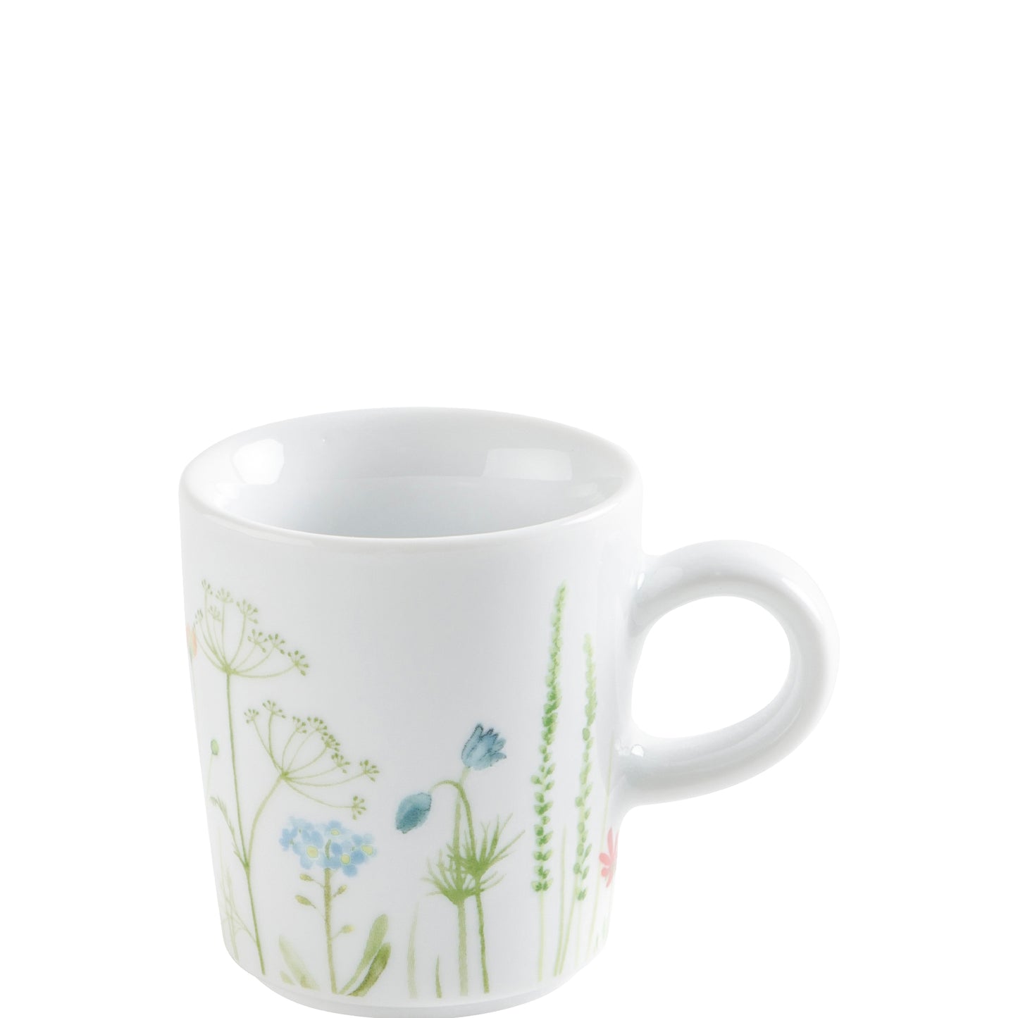 Weiße Tasse mit Blumenmuster.