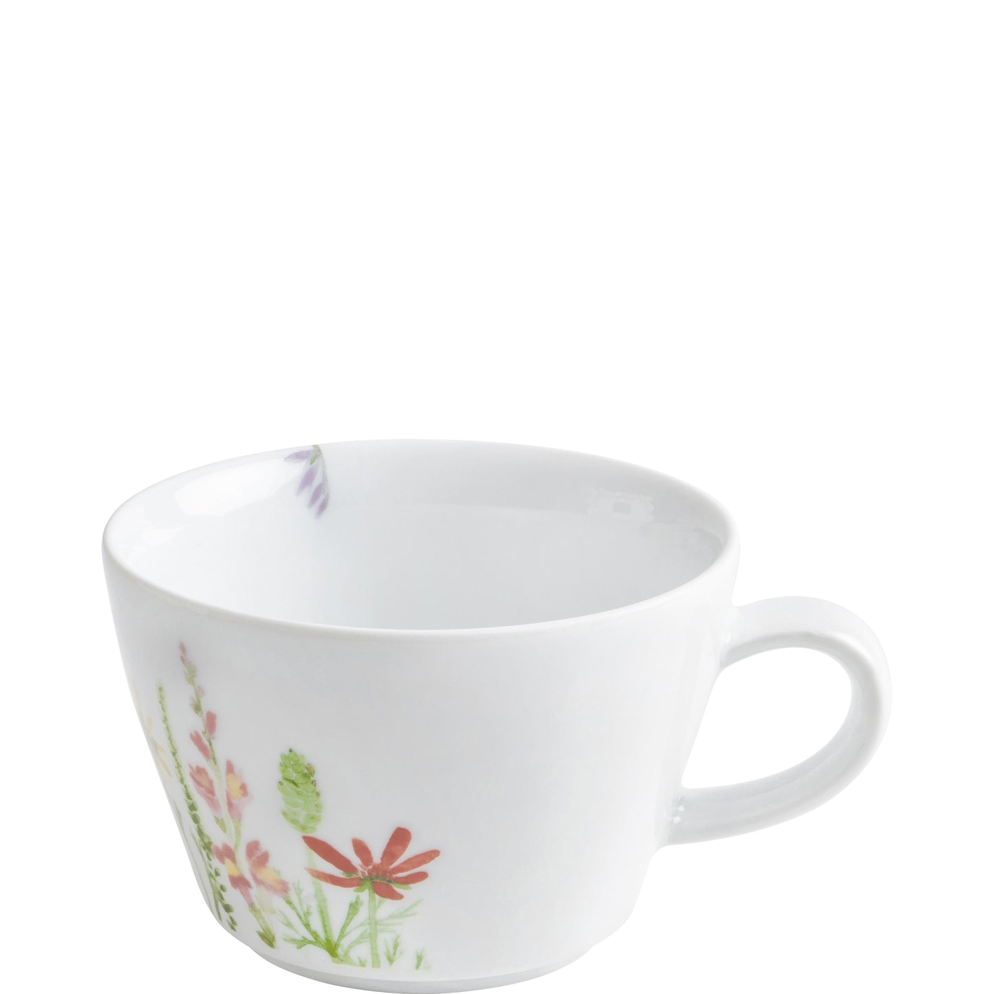Weiße Tasse mit Blumenmuster.