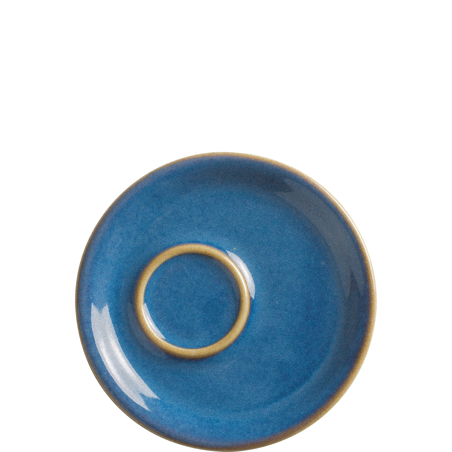 Blaue Untertasse mit gelbem Rand.