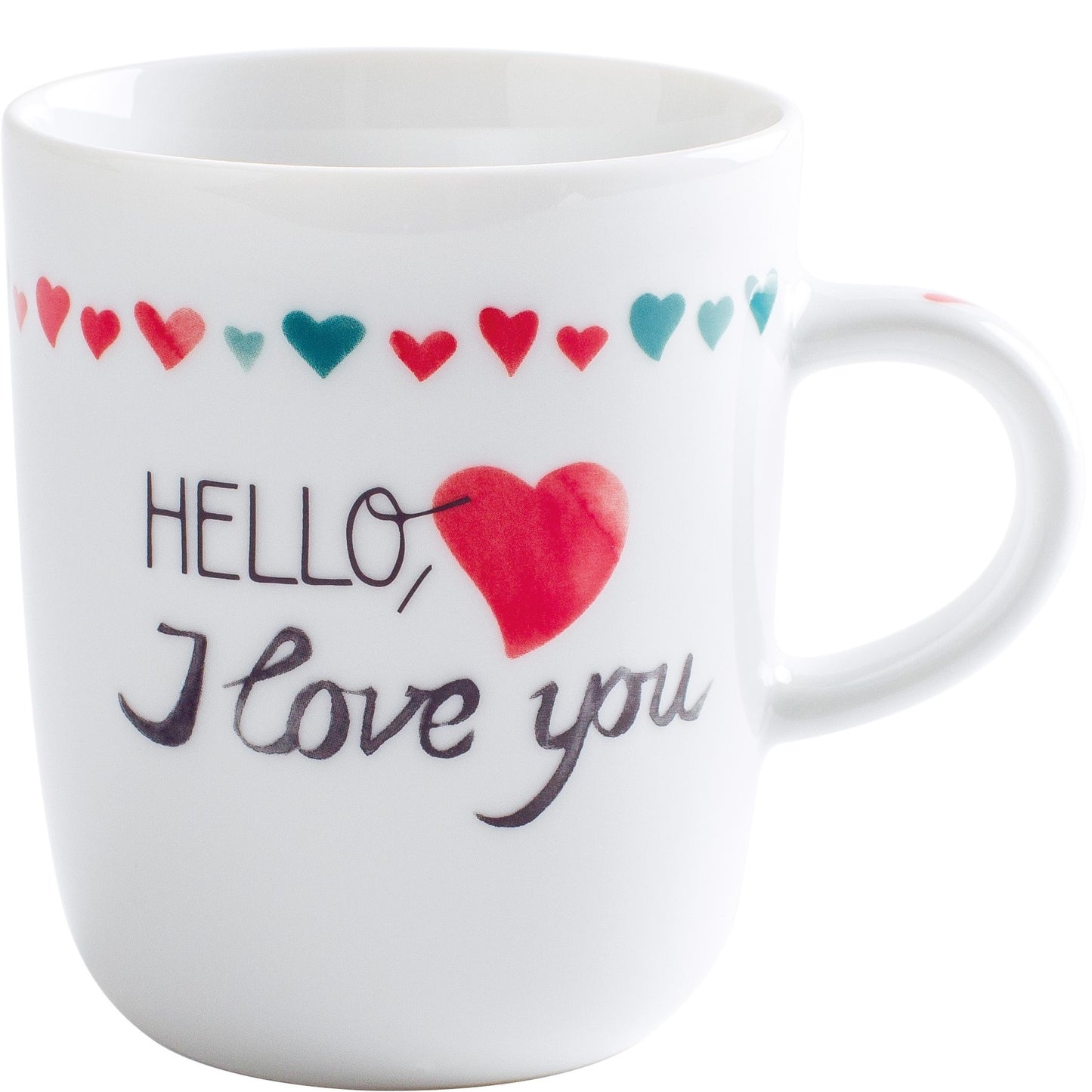 Tasse mit Herz-Design und Schriftzug.