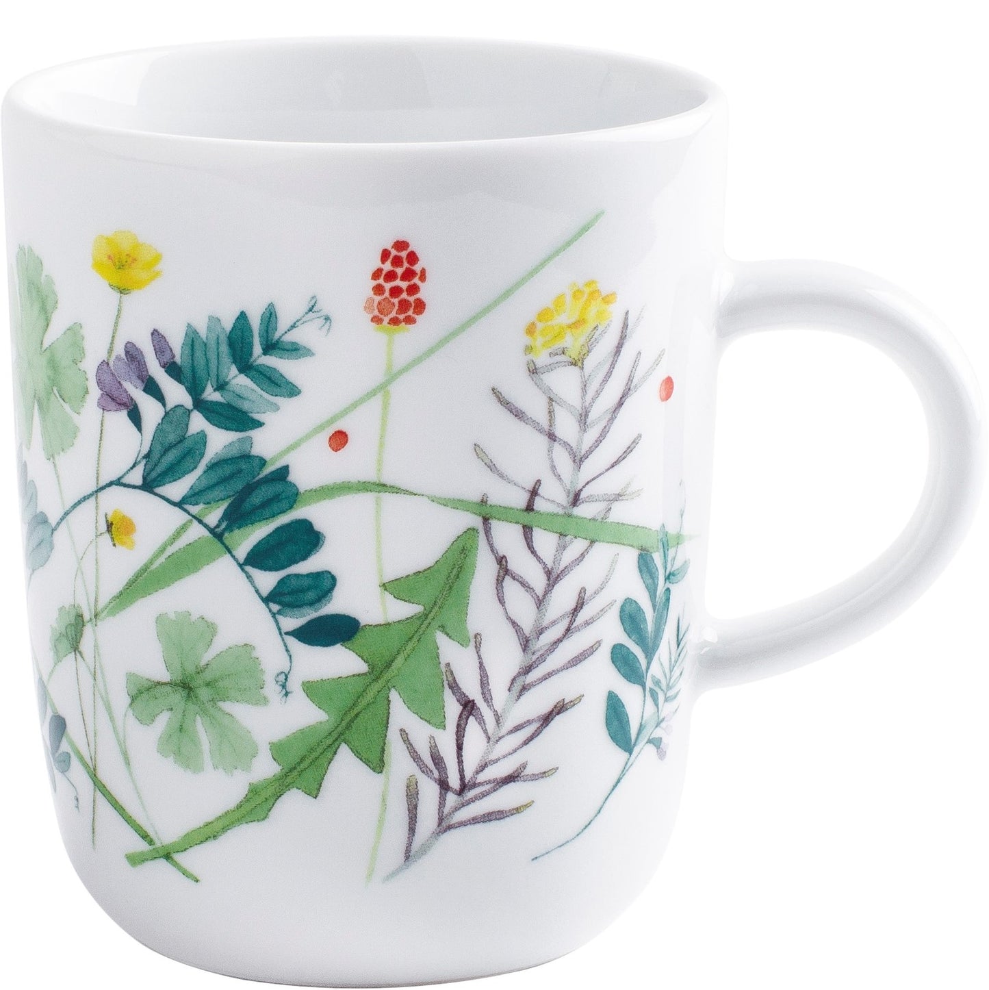 Tasse mit buntem Blumenmuster.