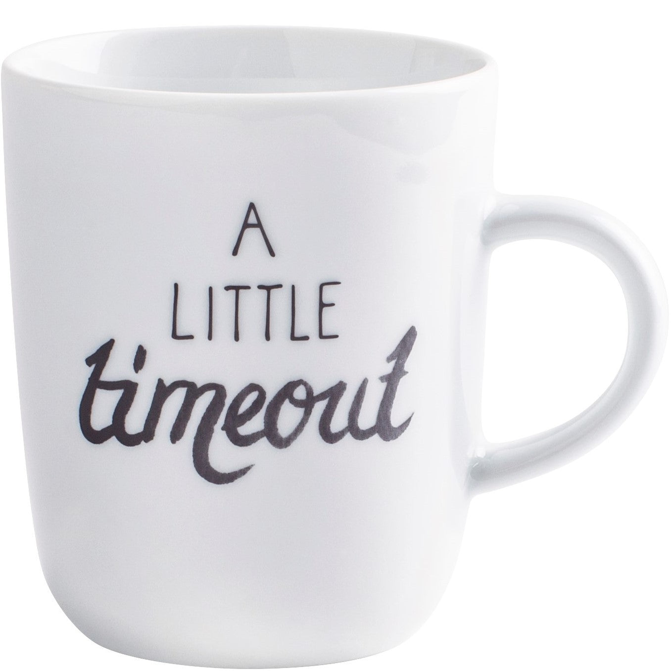 Weiße Tasse mit Schriftzug.