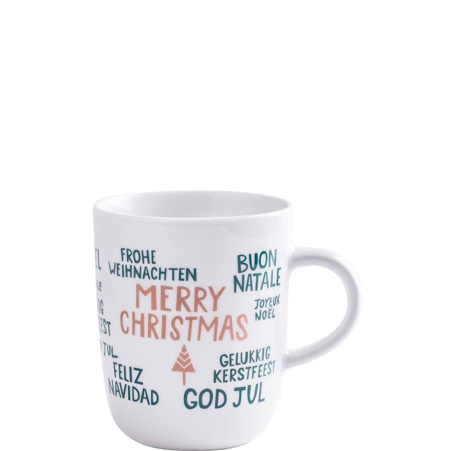 Tasse mit Weihnachtsgrüßen in Sprachen.