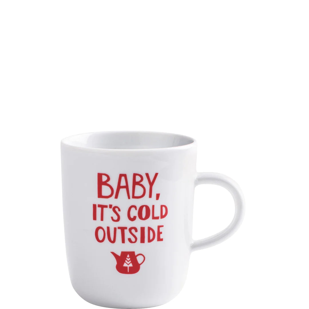 Weiße Tasse mit rotem Text.