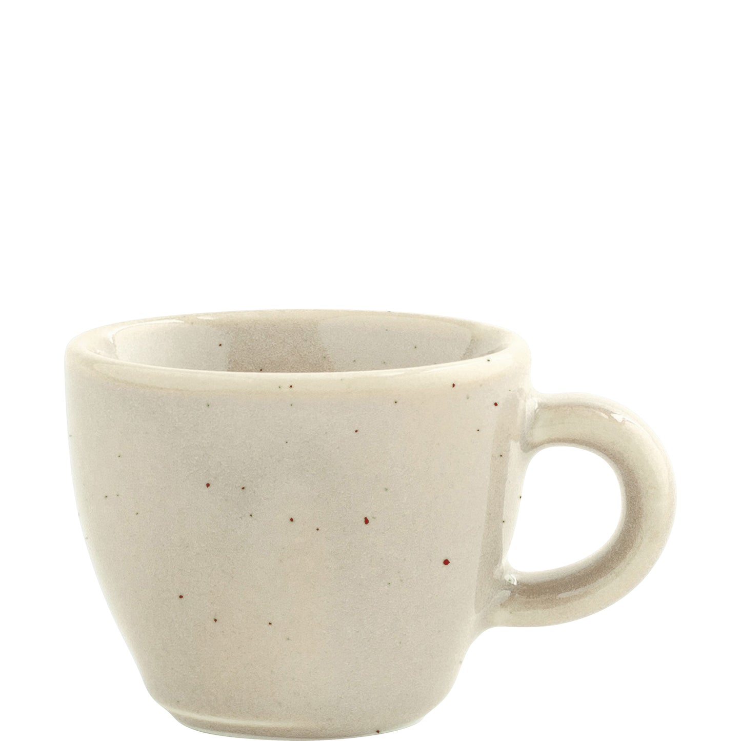 Beige Tasse mit Henkel.