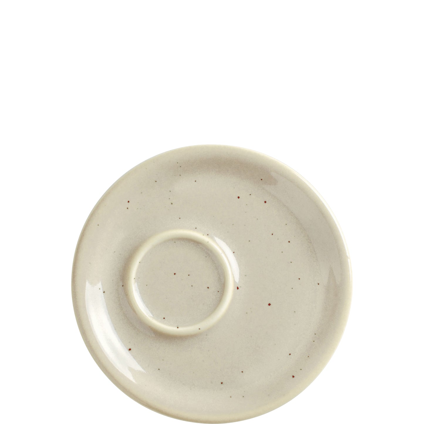 Beige Untertasse mit Sprenkeln.