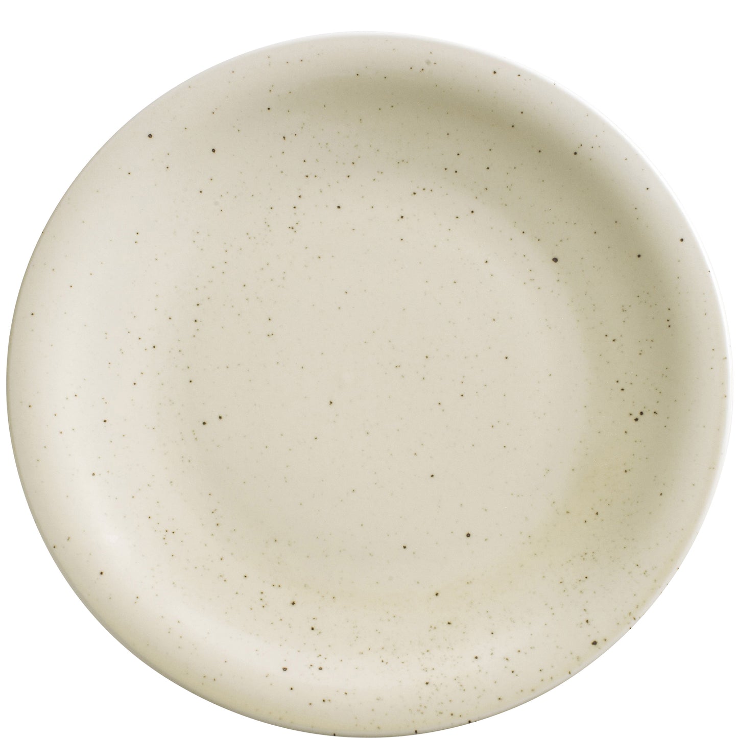 Beiger, gesprenkelter Porzellanteller obenansicht.