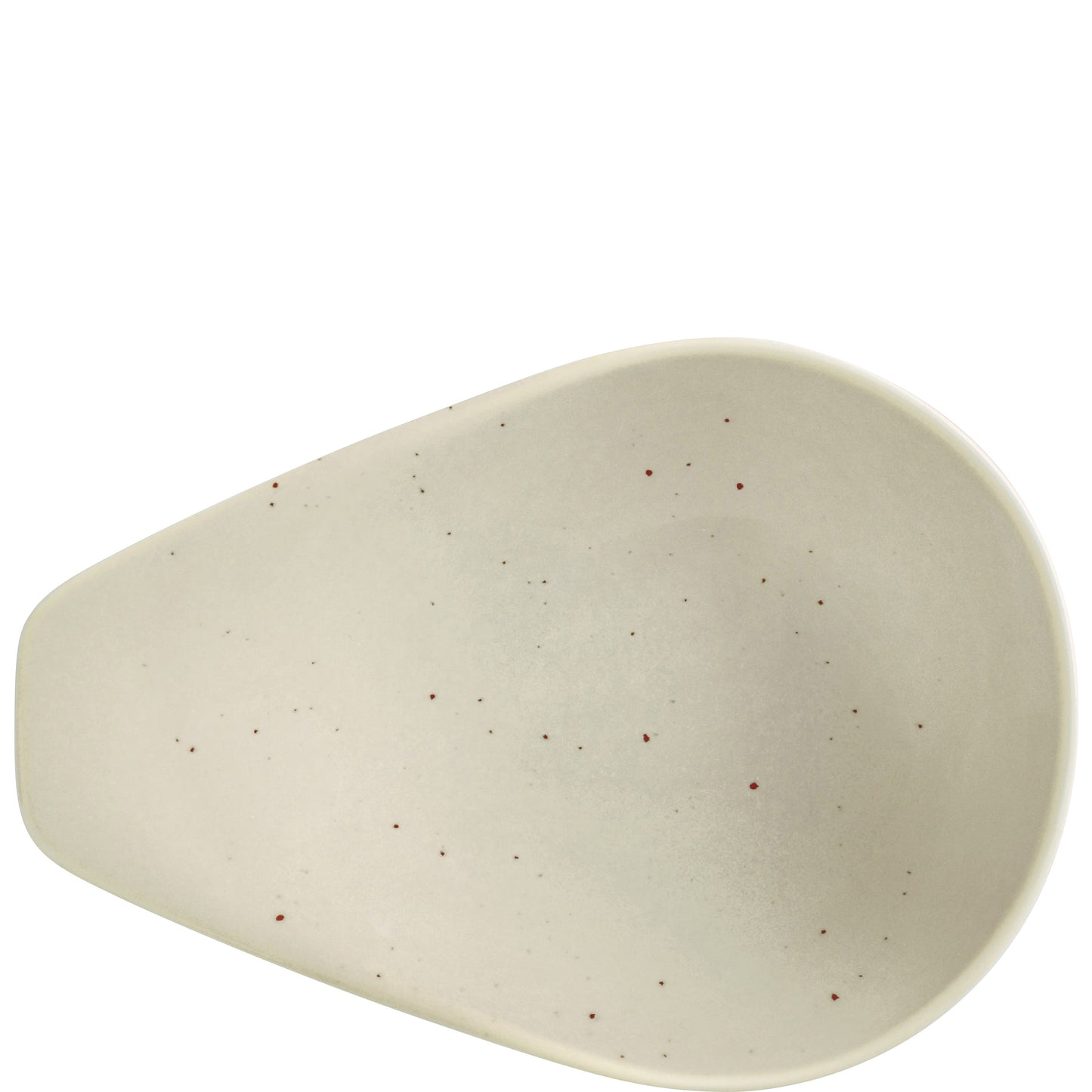 Beige, tropfenförmiger Porzellanteller.