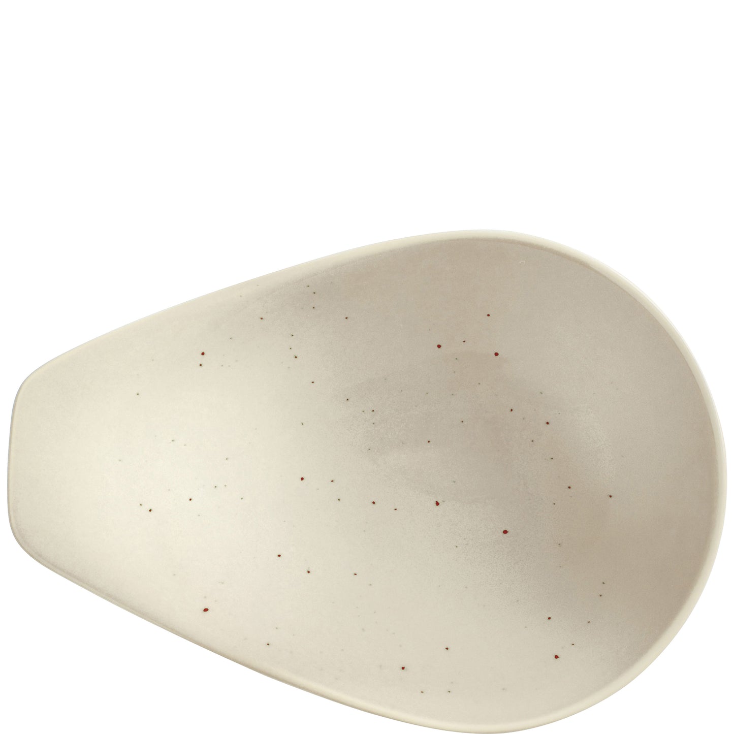 Beige, unregelmäßiger Porzellanteller, gesprenkelt.