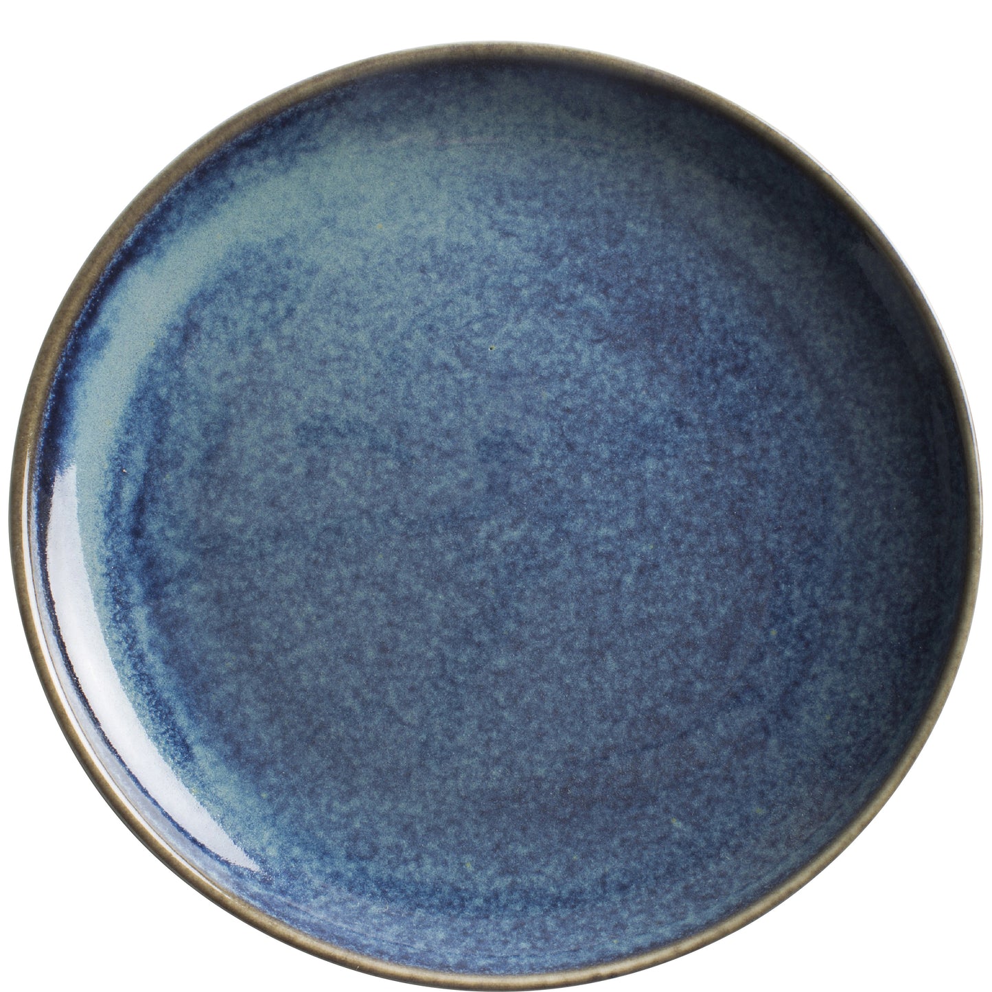 Blauer, runder Keramikteller, obenansicht.