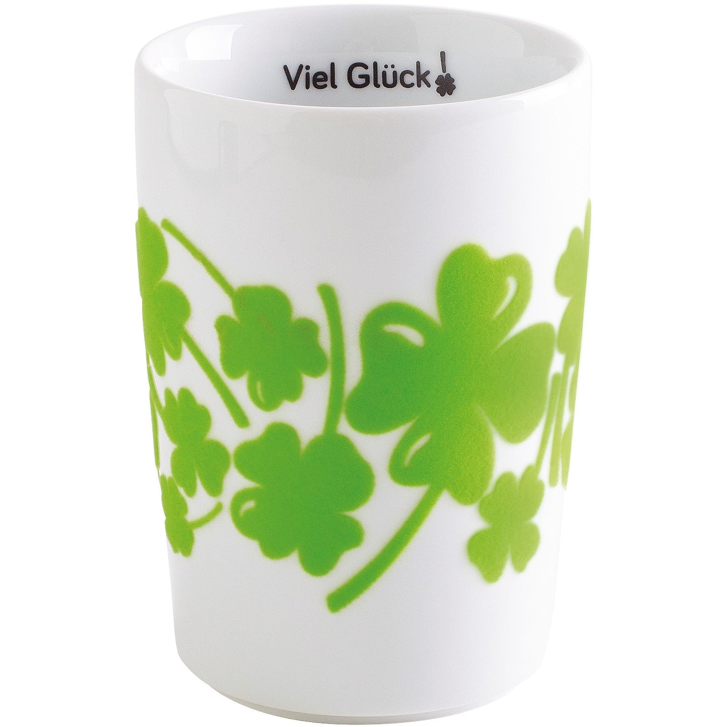 Tasse mit Kleeblatt-Muster, "Viel Glück".