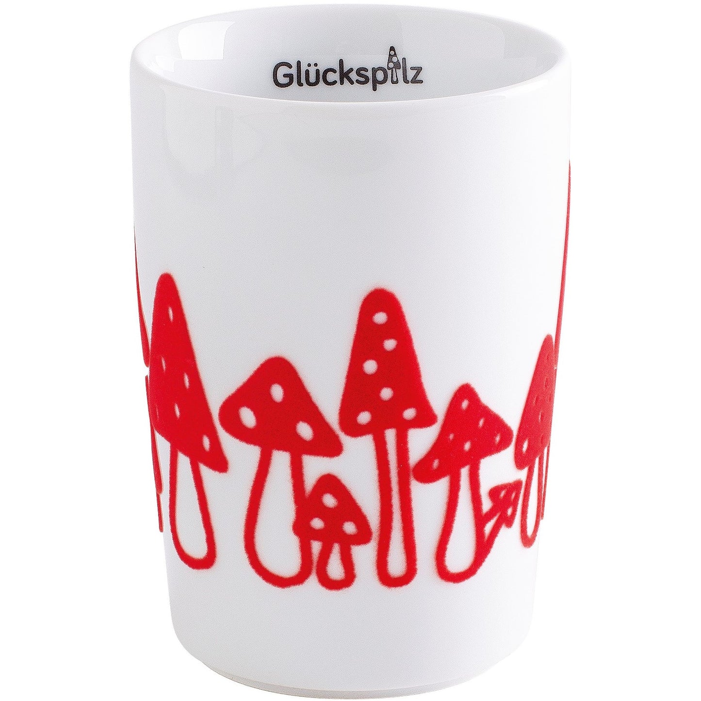 Weiße Tasse mit roten Pilzen.