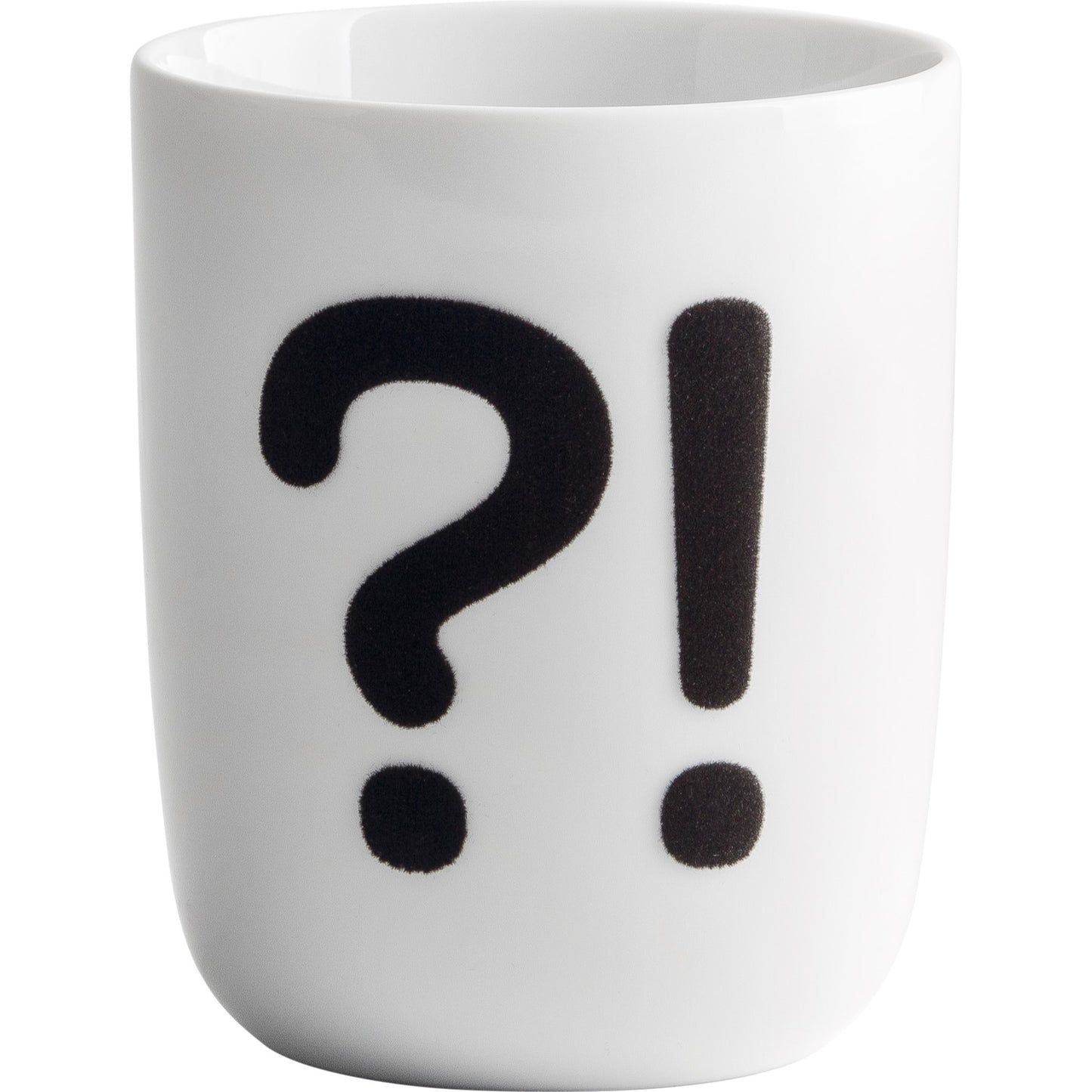 Weiße Tasse mit Fragezeichen.