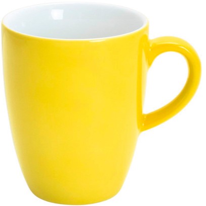 Gelbe Tasse mit Henkel.