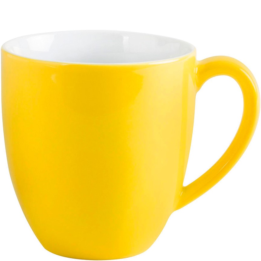 Gelbe Tasse mit Henkel.