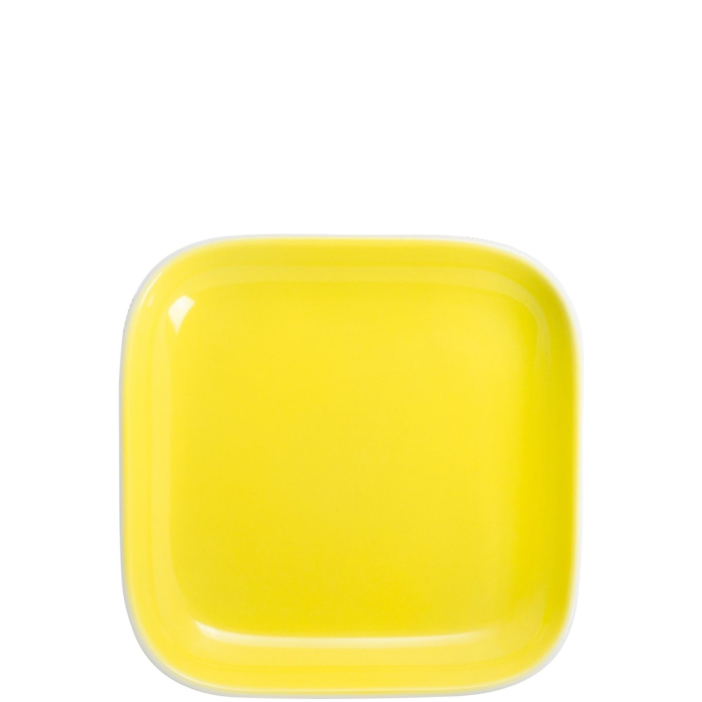 Gelber quadratischer Porzellanteller.
