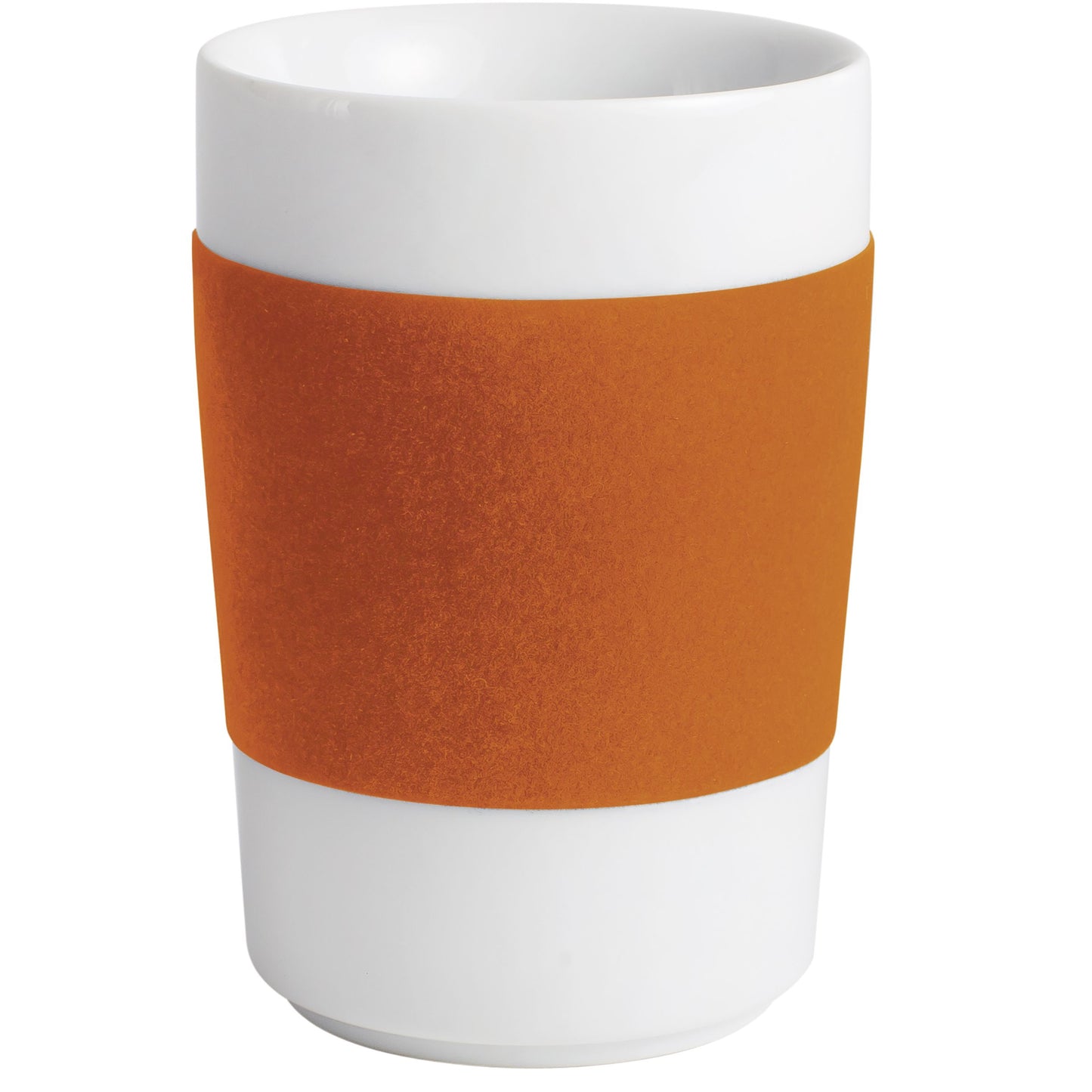 Weiße Tasse mit orangem Band.