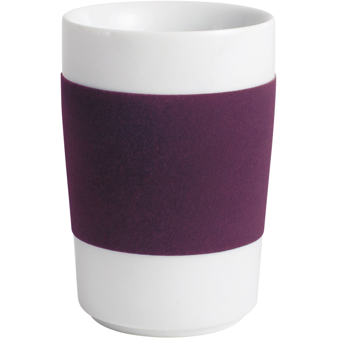Weiße Tasse mit lila Band.