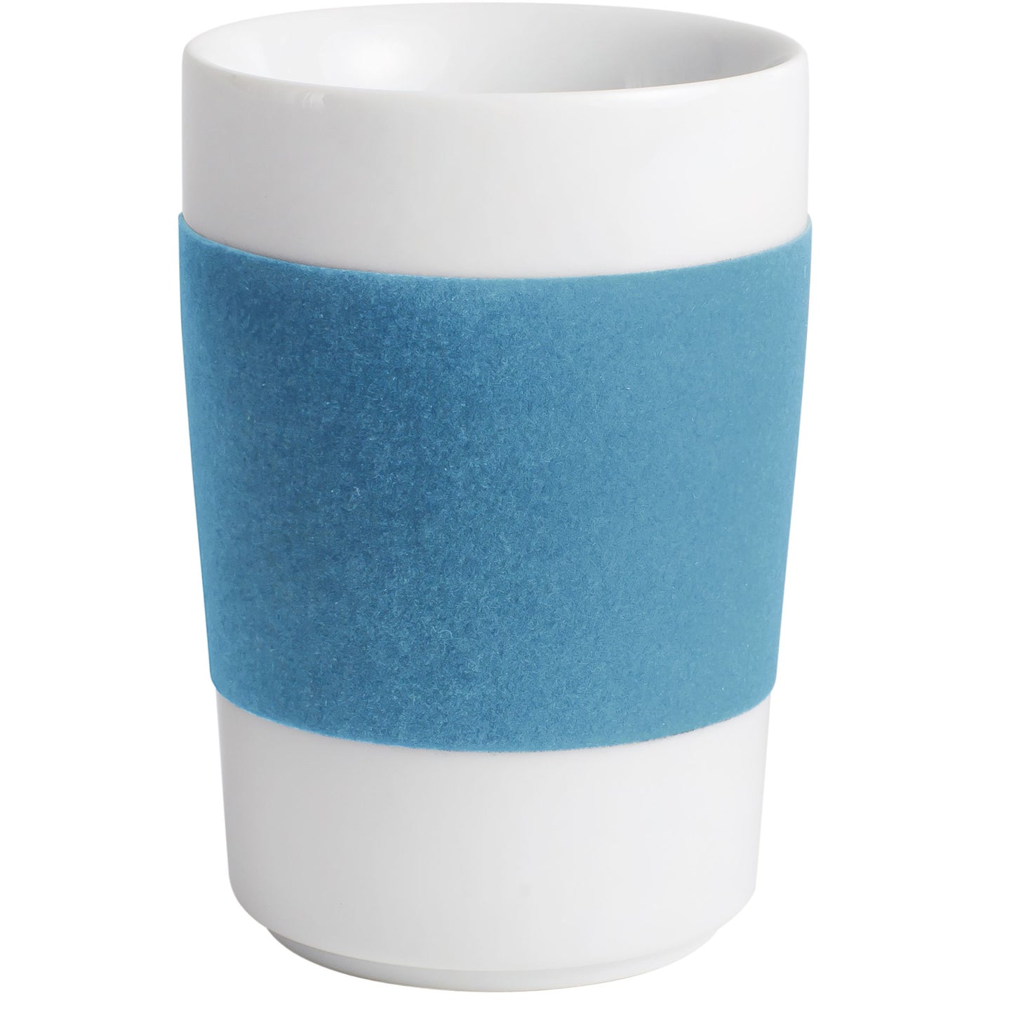 Weiße Tasse mit blauem Band.