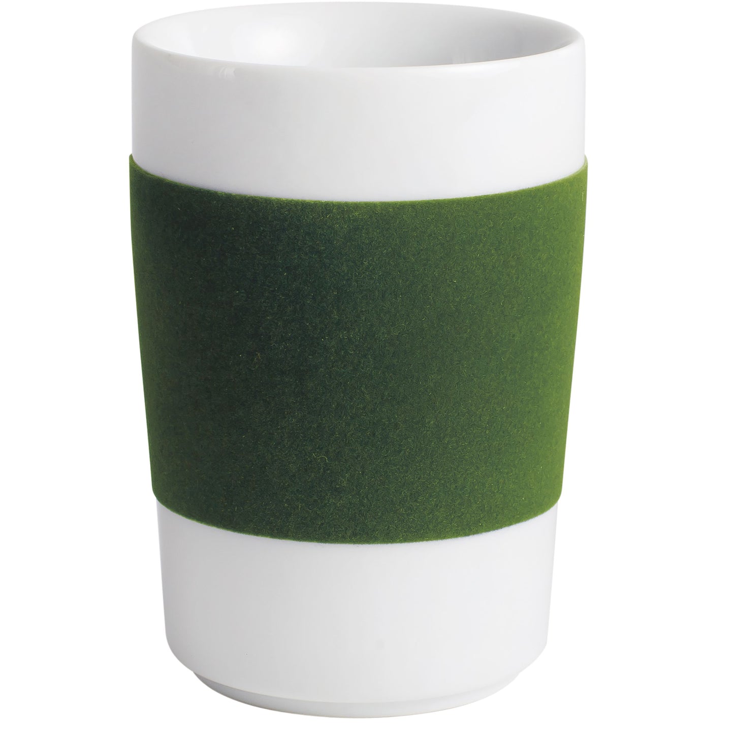 Weiße Tasse mit grünem Band.