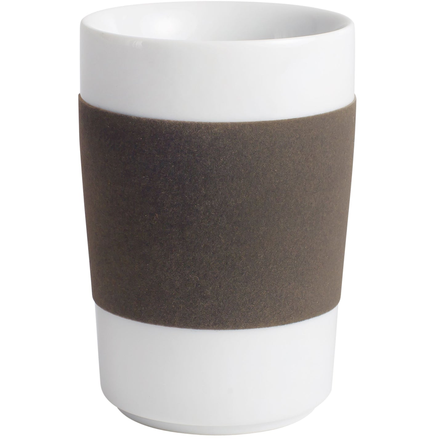 Weiße Tasse mit braunem Band.