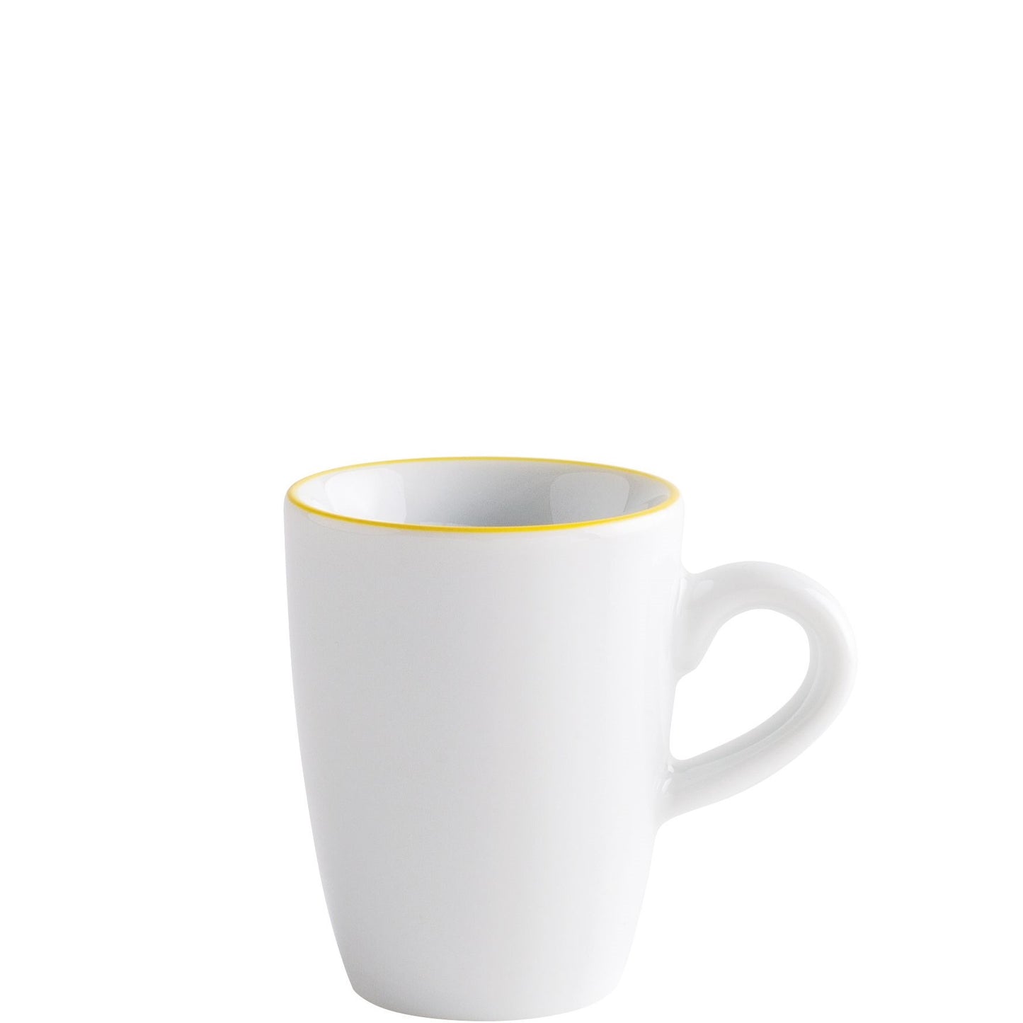 Weiße Tasse mit gelbem Rand.